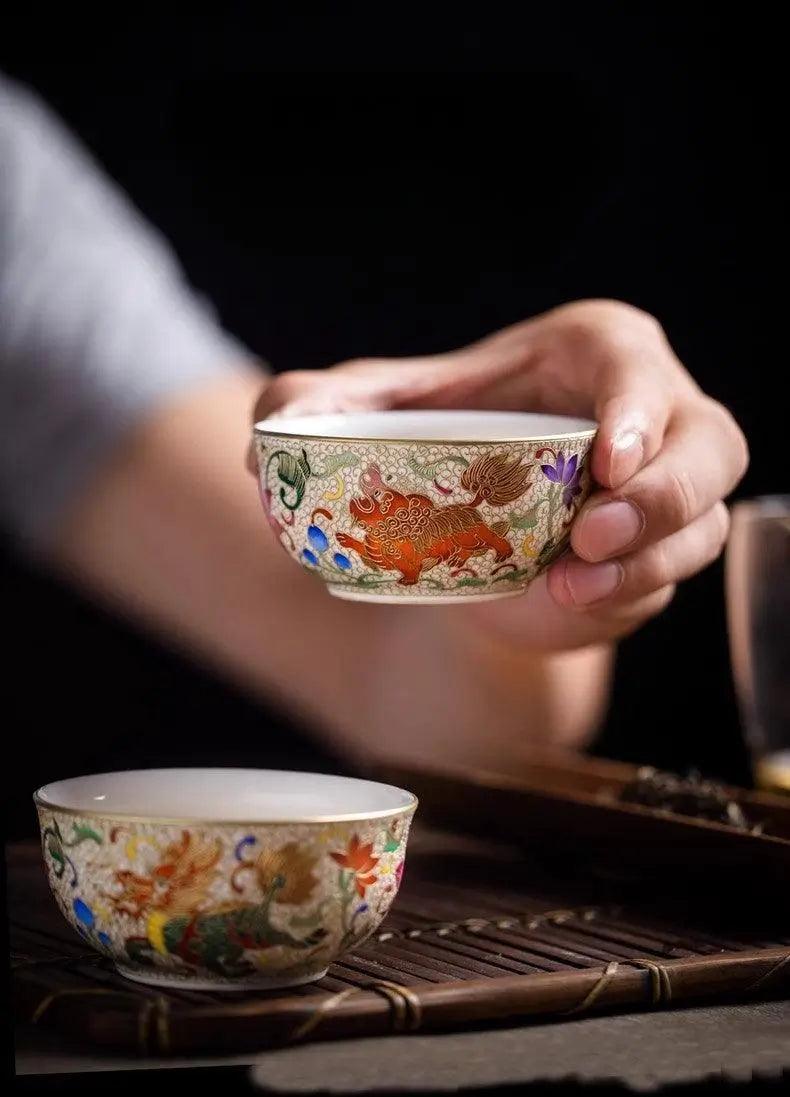 Jingdezhen Handmade Cloisonné Enamel Teacup - Hand-Painted 'Kirins' Pattern | Chinese Teaware - Blue-and-White