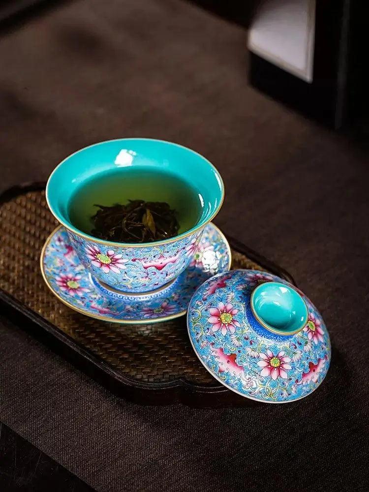 Jingdezhen Handmade Enamel Hand-Painted Teacup - 'Lotus Treasure Pattern' Inspired by Qing Court Artistry | Authentic Chinese Teaware - Blue-and-White