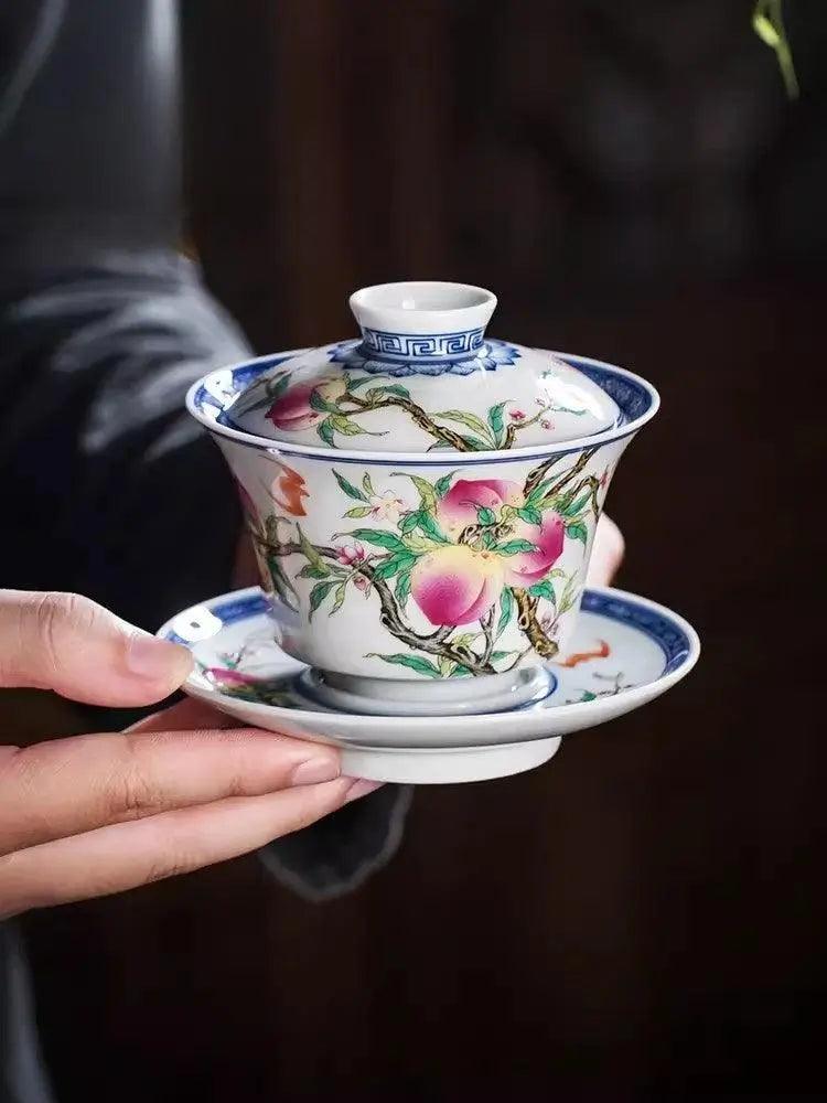 Jingdezhen Handmade Enamel Hand-Painted Teacup - 'Nine Peaches' | Exquisite Chinese Teaware - Blue-and-White