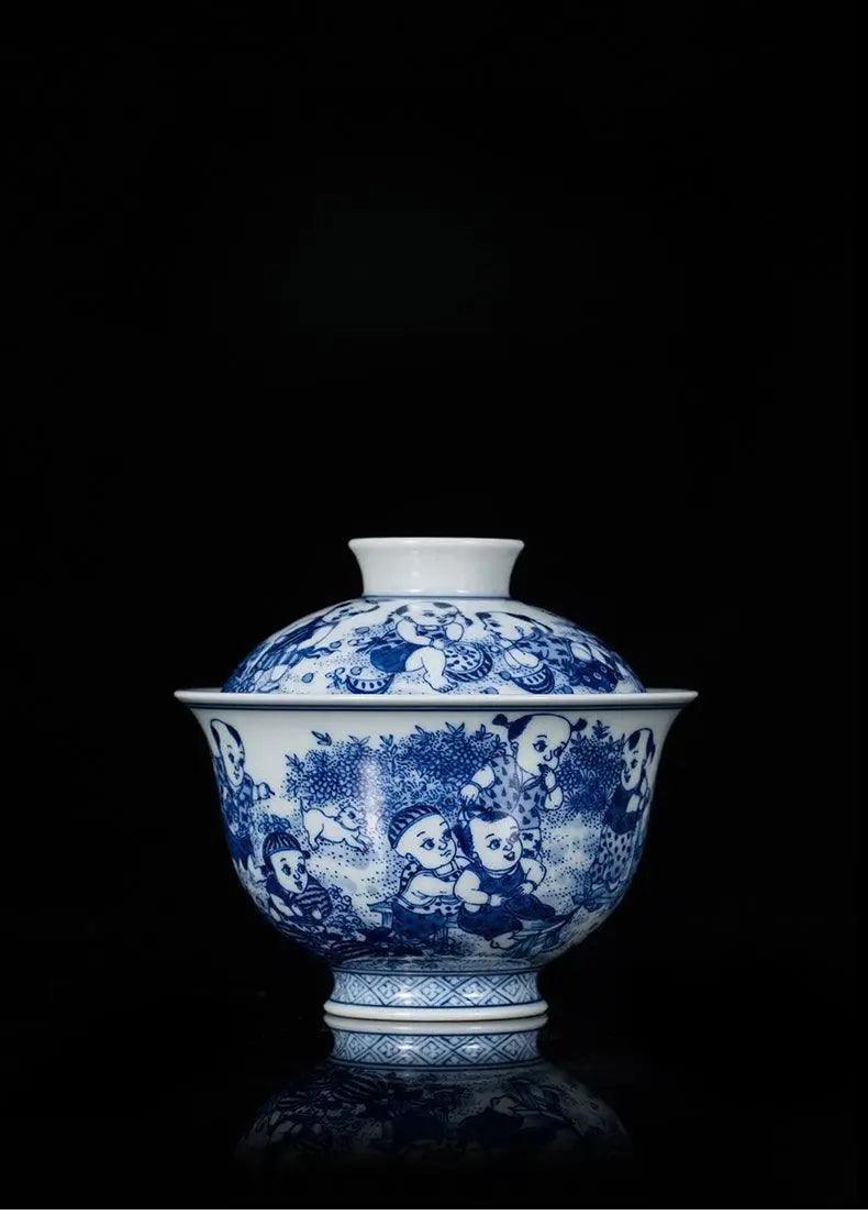 Jingdezhen Handmade Teacup - 'Childish Delights in the Melon Patch' Blue and White Painting | Charming Chinese Teaware - Blue-and-White