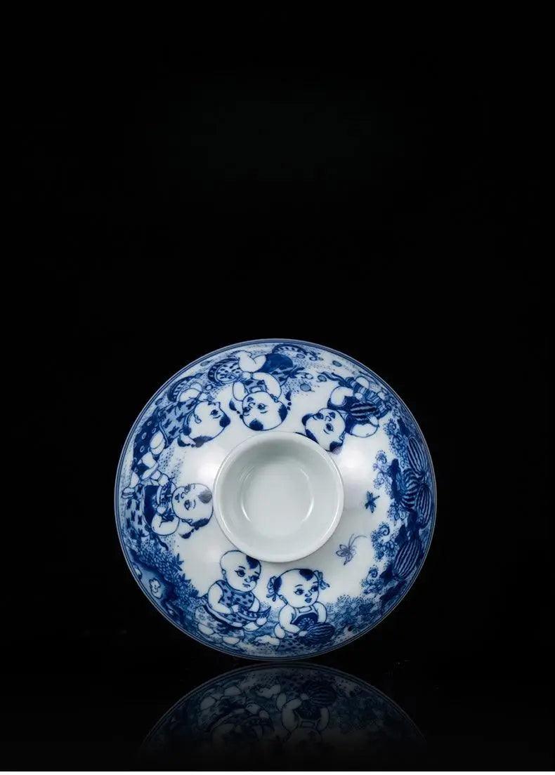 Jingdezhen Handmade Teacup - 'Childish Delights in the Melon Patch' Blue and White Painting | Charming Chinese Teaware - Blue-and-White