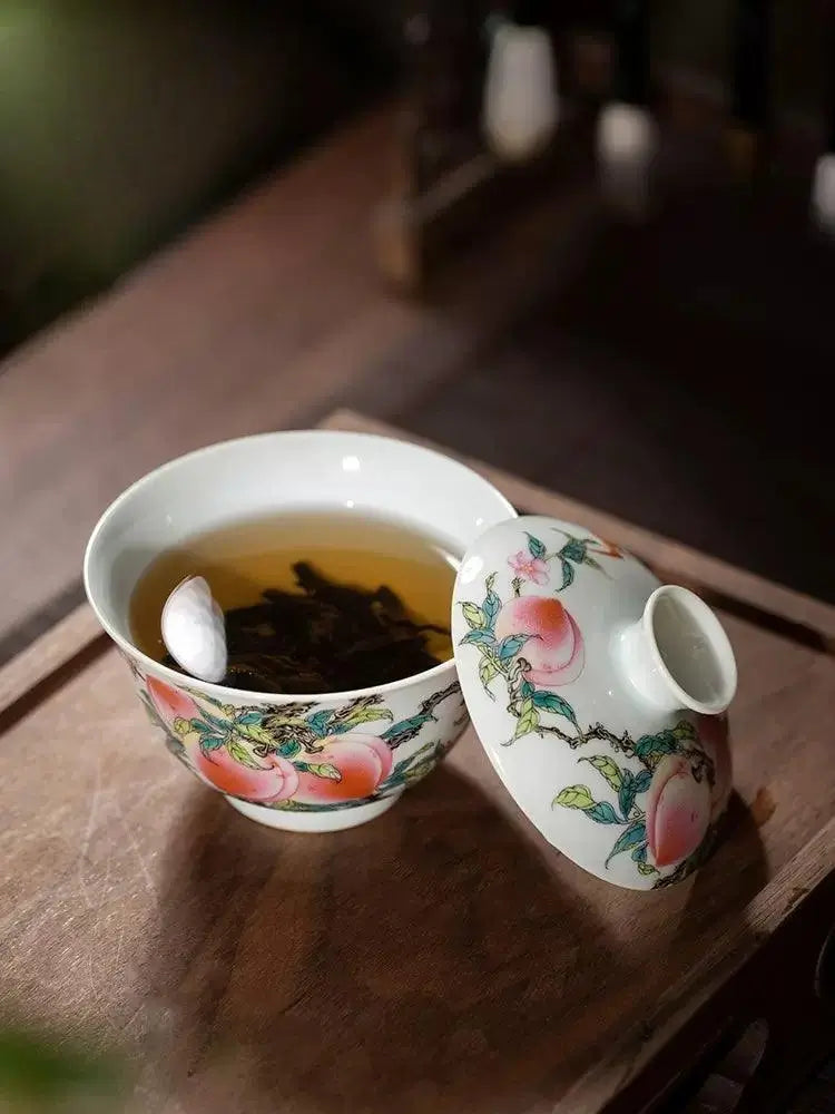 Jingdezhen Handmade Teacup - Enamel 'Nine Peaches and Five Bats' Painting in Blue and White | Prosperous Chinese Teaware - Blue-and-White