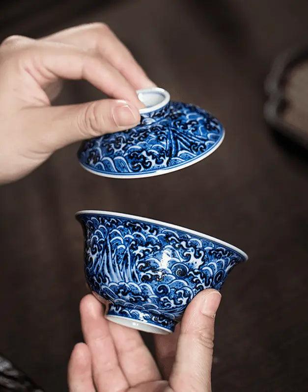 Jingdezhen Handmade Teacup - Ming Yongle Era 'Seawater and Riverbank Pattern' in Blue and White | Classic Chinese Teaware - Blue-and-White