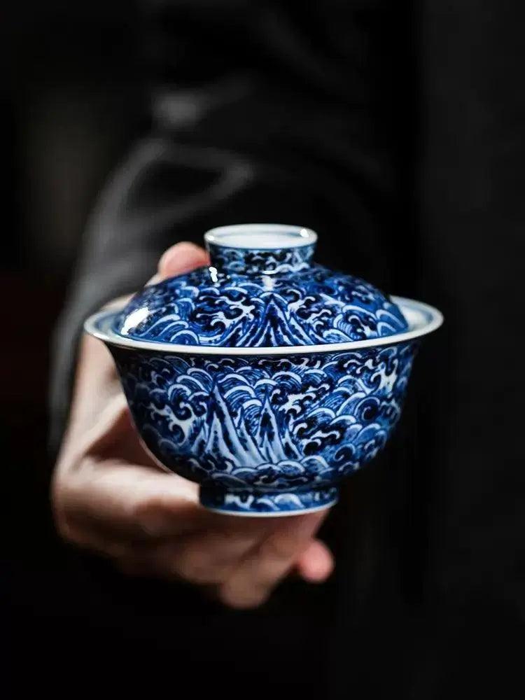 Jingdezhen Handmade Teacup - Ming Yongle Era 'Seawater and Riverbank Pattern' in Blue and White | Classic Chinese Teaware - Blue-and-White