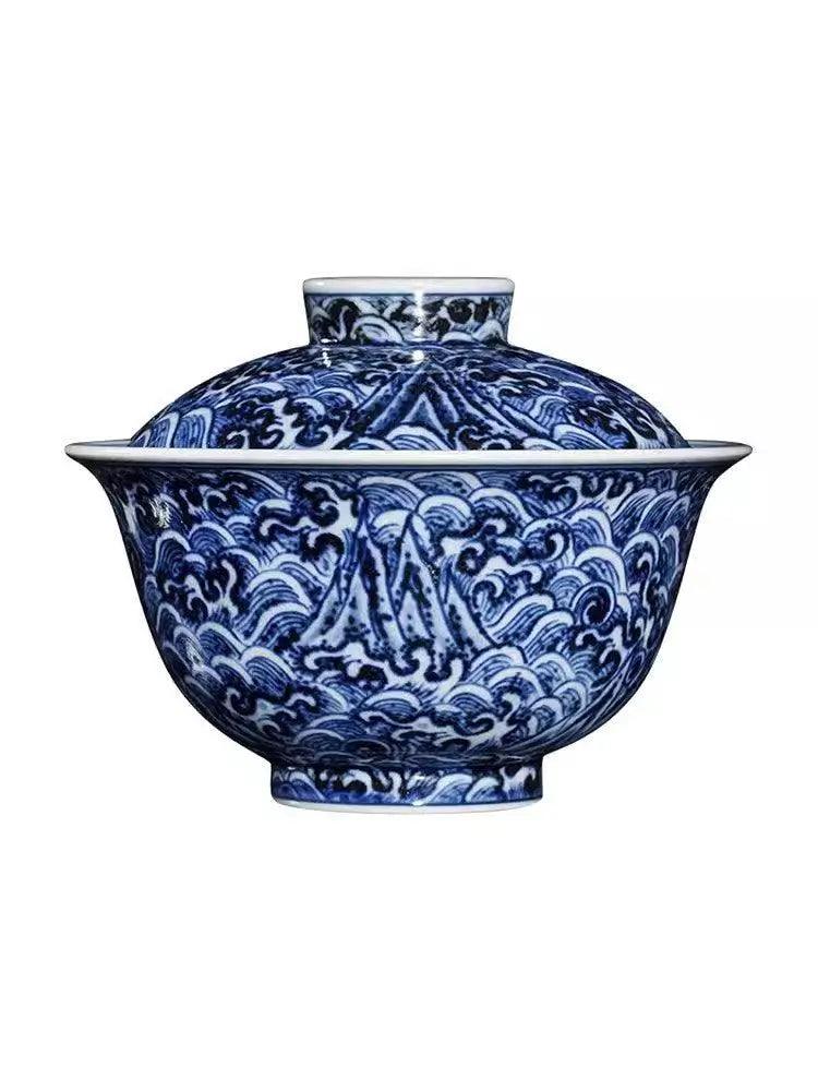 Jingdezhen Handmade Teacup - Ming Yongle Era 'Seawater and Riverbank Pattern' in Blue and White | Classic Chinese Teaware - Blue-and-White