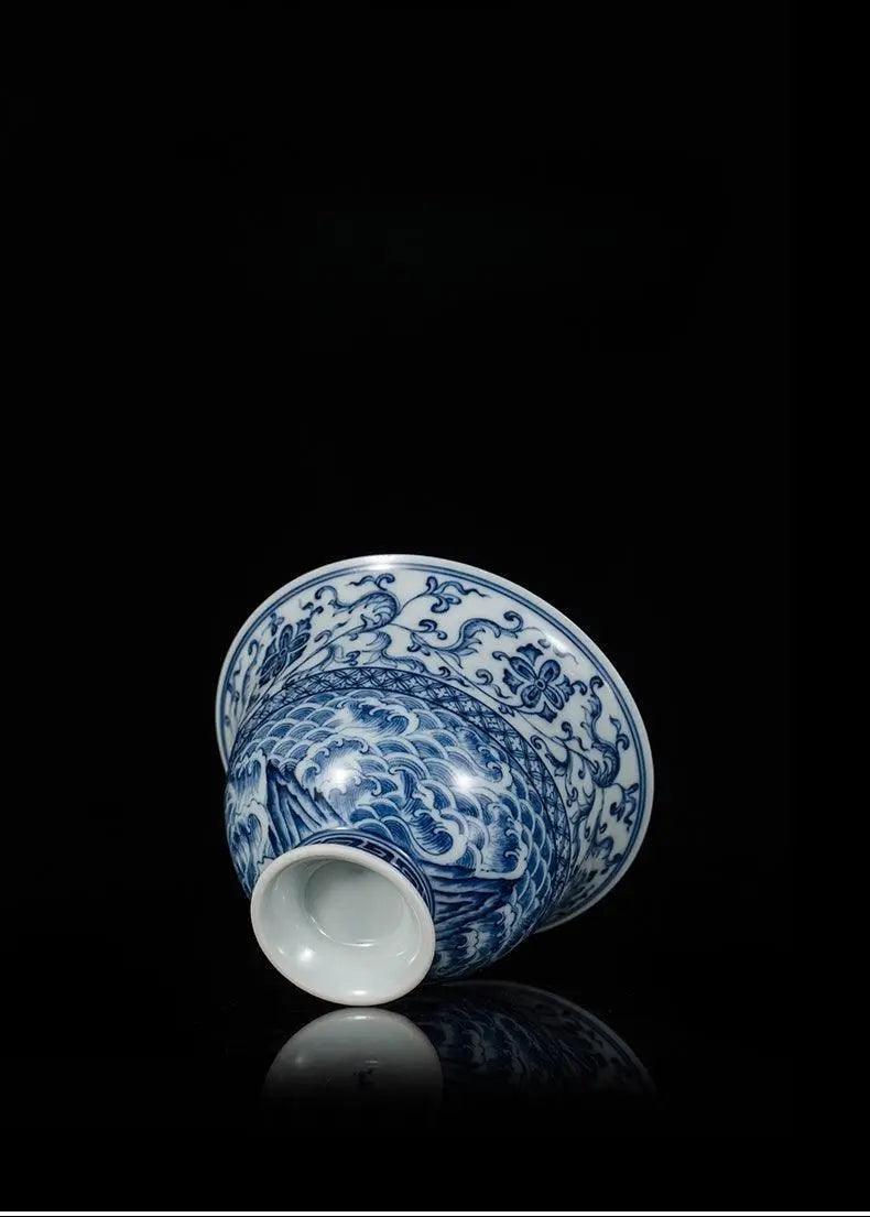 Jingdezhen Handmade Teacup - 'Sea Wave and Twining Branch' Pattern in Blue and White | Artistic Chinese Teaware - Blue-and-White