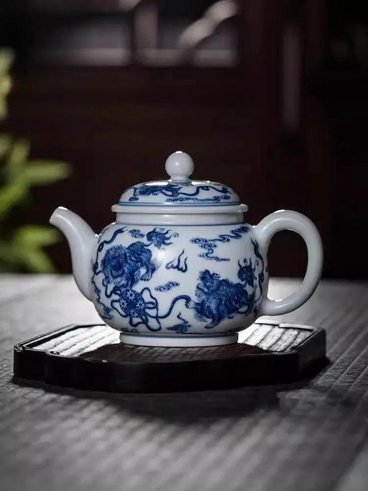 Jingdezhen Handmade Teapot - 'Lion Frolicking with Embroidered Ball' in Blue and White | Playful Chinese Teaware - Blue-and-White