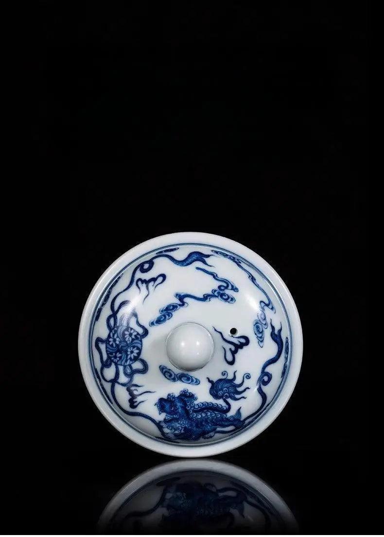 Jingdezhen Handmade Teapot - 'Lion Frolicking with Embroidered Ball' in Blue and White | Playful Chinese Teaware - Blue-and-White