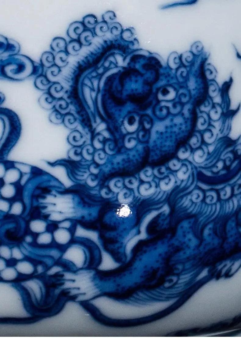 Jingdezhen Handmade Teapot - 'Lion Frolicking with Embroidered Ball' in Blue and White | Playful Chinese Teaware - Blue-and-White