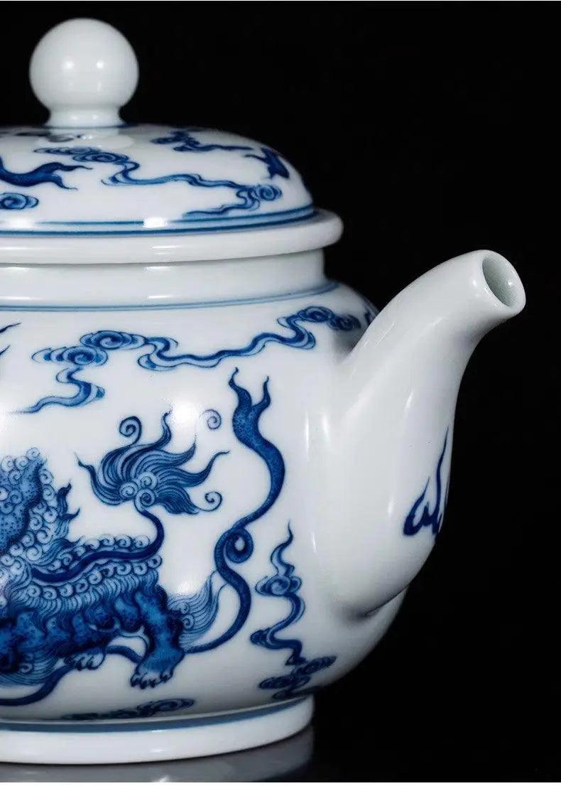 Jingdezhen Handmade Teapot - 'Lion Frolicking with Embroidered Ball' in Blue and White | Playful Chinese Teaware - Blue-and-White