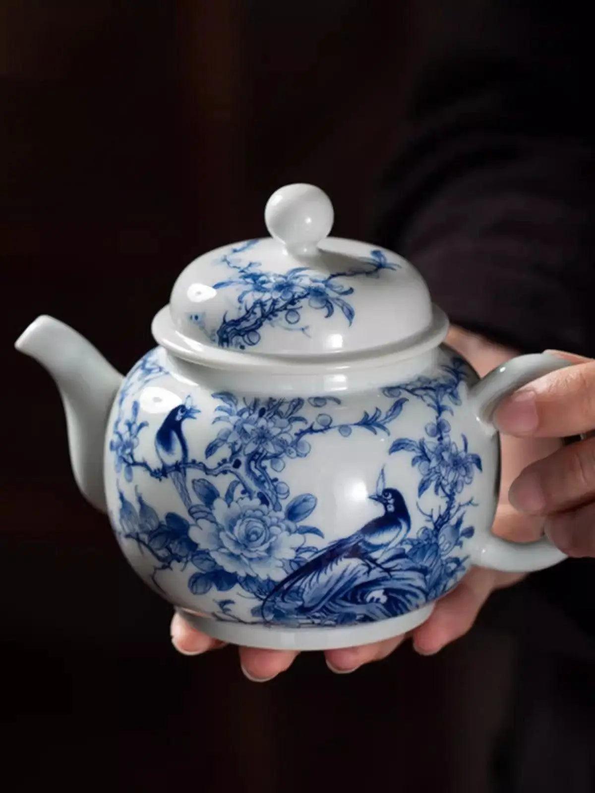 Jingdezhen Handmade Teapot - 'Spring Essence Flora and Fauna' in Blue and White | Nature-Inspired Chinese Teaware - Blue-and-White