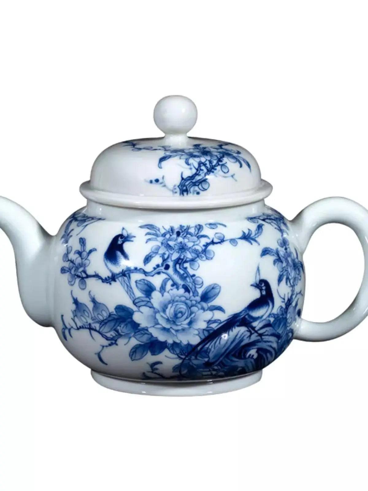 Jingdezhen Handmade Teapot - 'Spring Essence Flora and Fauna' in Blue and White | Nature-Inspired Chinese Teaware - Blue-and-White