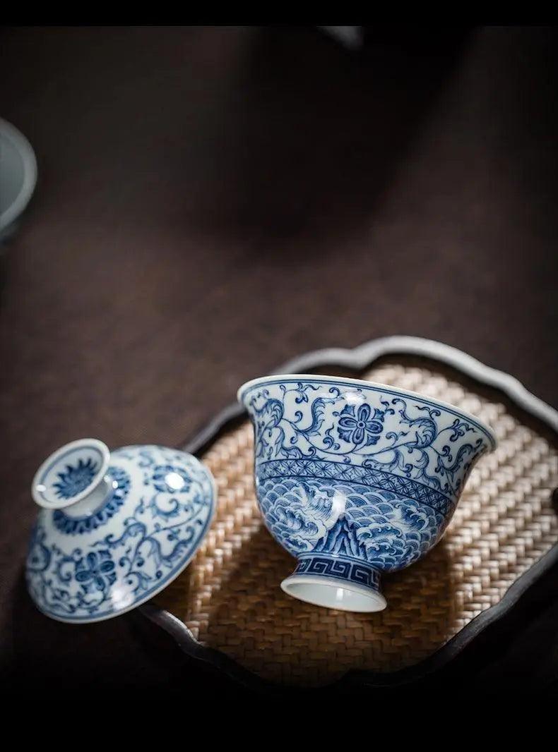 Jingdezhen Handmade Teacup - 'Sea Wave and Twining Branch' Pattern in Blue and White | Artistic Chinese Teaware - Blue-and-White