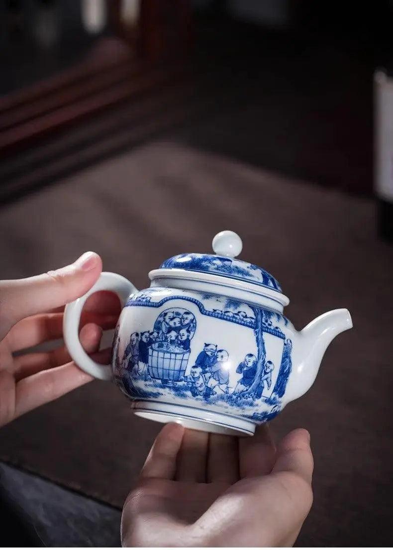 Jingdezhen Handmade Teapot - 'Youthful Serendipity' Vibrant Blue and White Design | Spirited Chinese Teaware - Blue-and-White