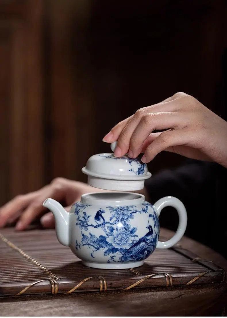 Jingdezhen Handmade Teapot - 'Spring Essence Flora and Fauna' in Blue and White | Nature-Inspired Chinese Teaware - Blue-and-White