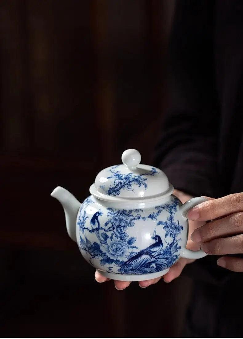 Jingdezhen Handmade Teapot - 'Spring Essence Flora and Fauna' in Blue and White | Nature-Inspired Chinese Teaware - Blue-and-White