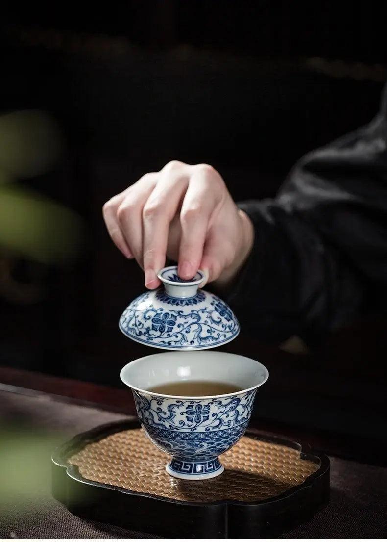 Jingdezhen Handmade Teacup - 'Sea Wave and Twining Branch' Pattern in Blue and White | Artistic Chinese Teaware - Blue-and-White