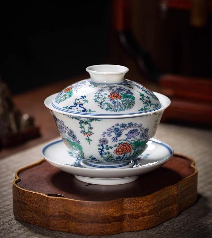 Jingdezhen Handmade Teacup - Doucai 'Bouquet of the Four Seasons' in Blue and White | Seasonal Chinese Teaware - Blue-and-White